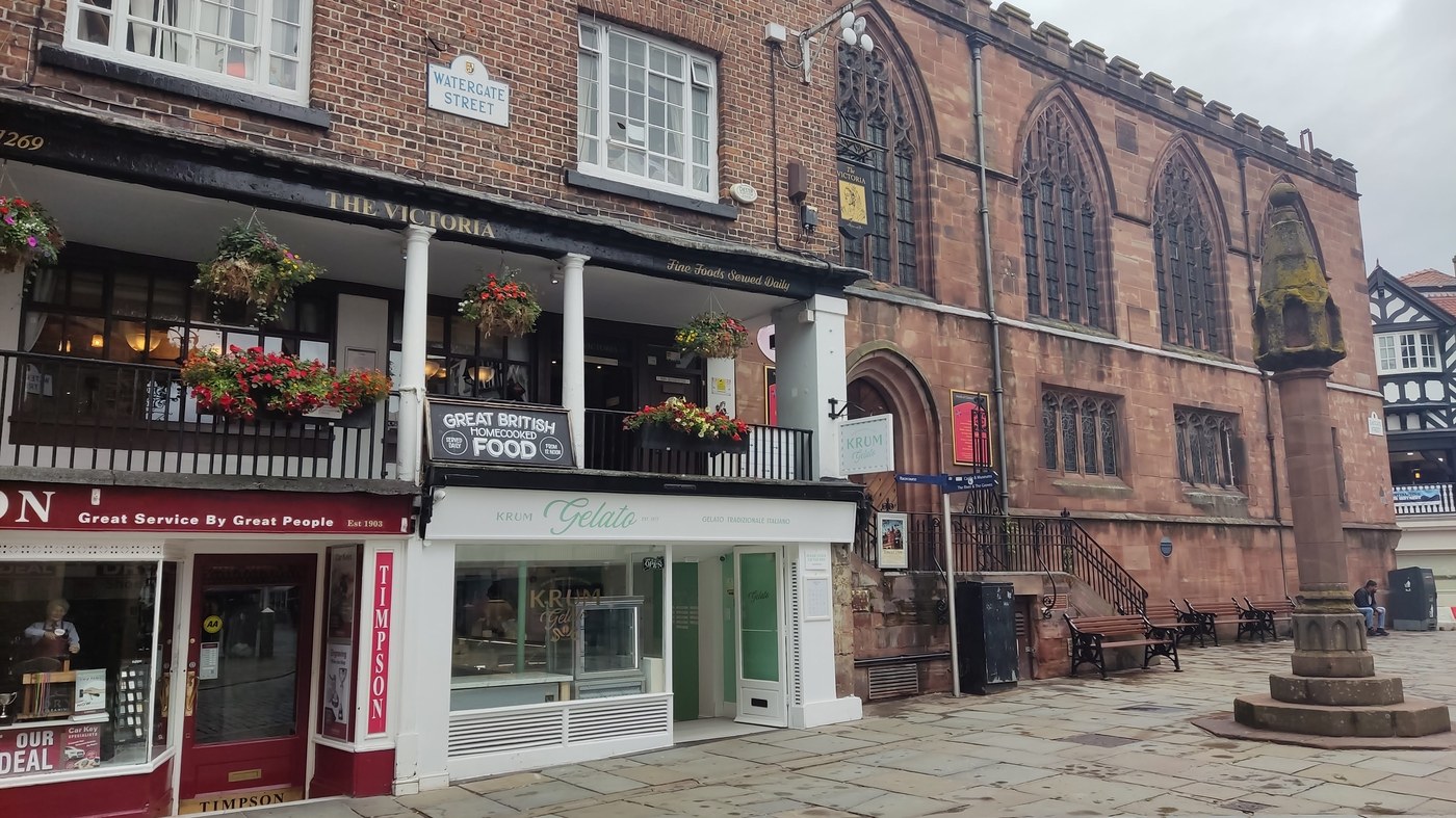 Historic Chester street with layered architecture